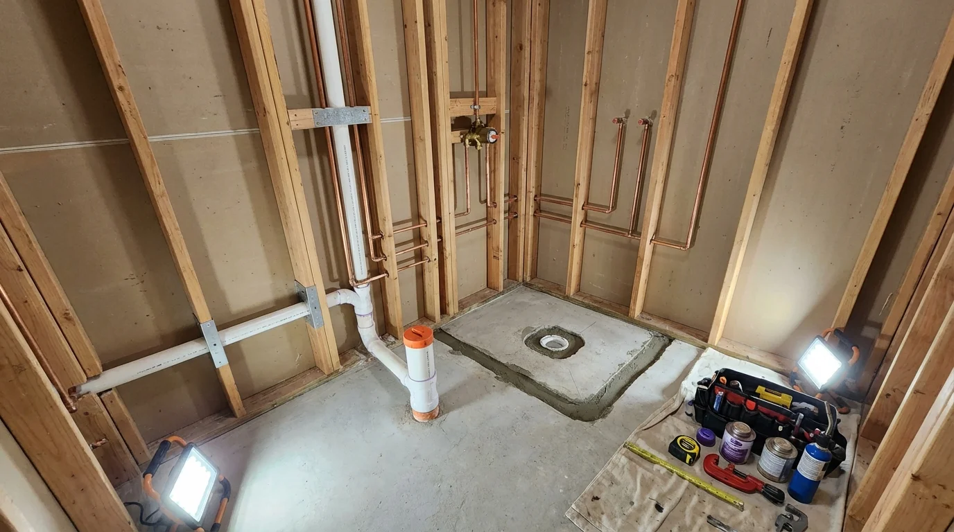 Bathroom rough-in plumbing during remodel by Johns Plumbing LLC in Darby