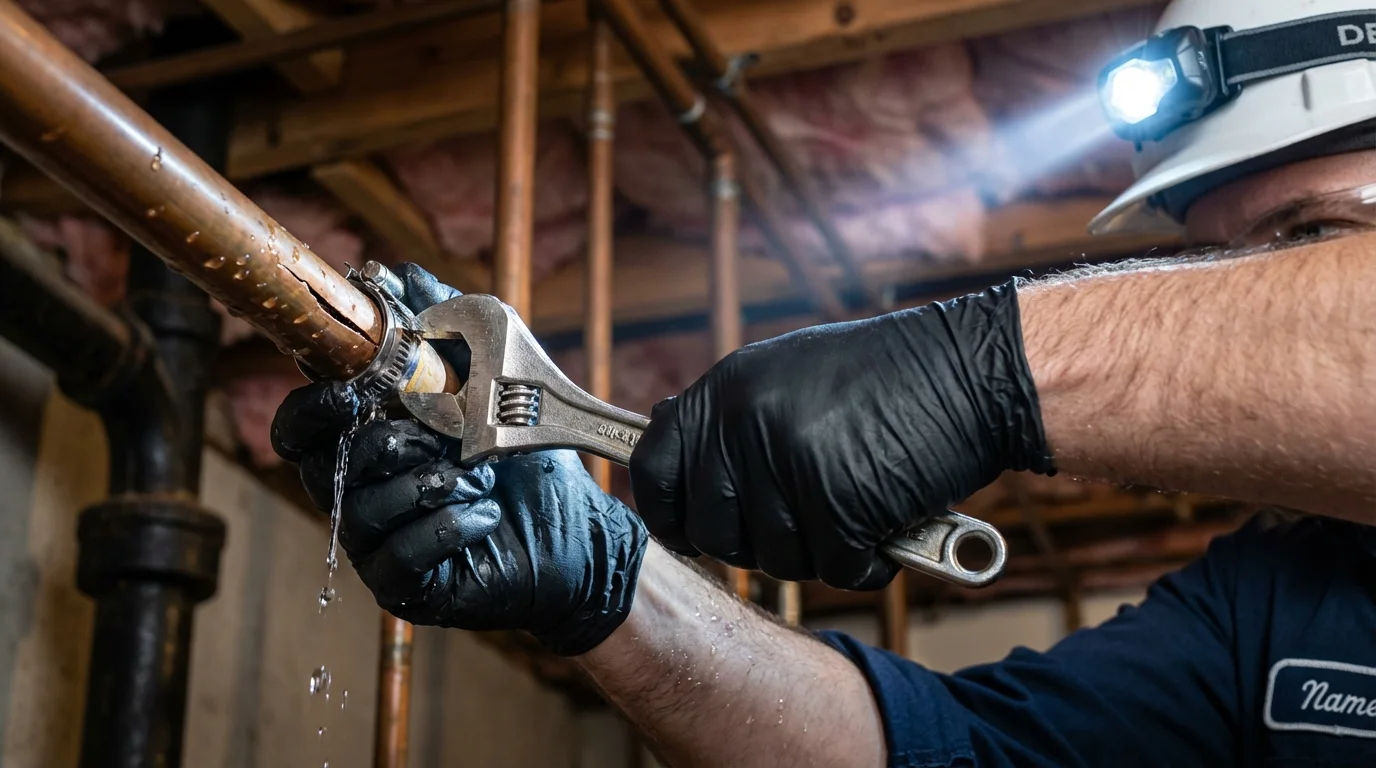 Emergency pipe clamp repair being performed by a Johns Plumbing LLC plumber in Darby