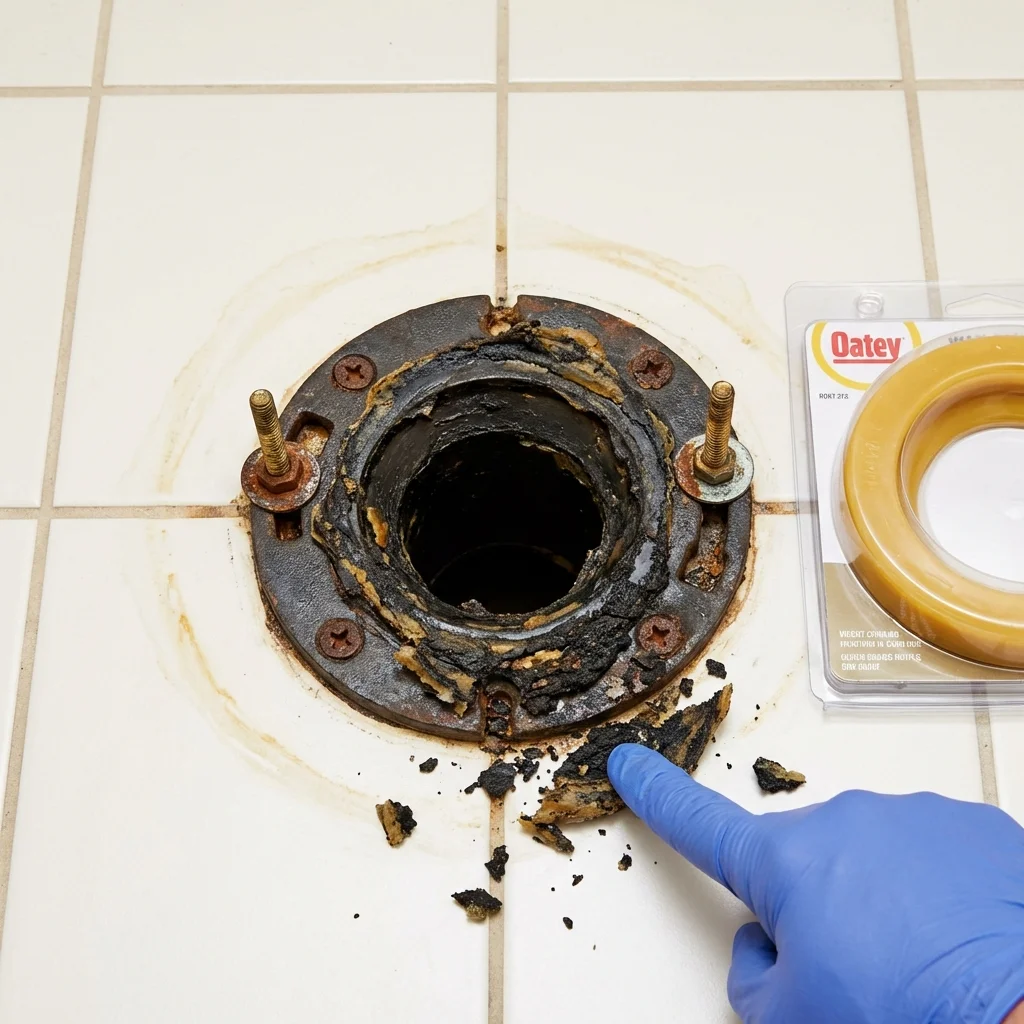 Failed wax ring showing water seepage at the base of a toilet in a Darby, PA home