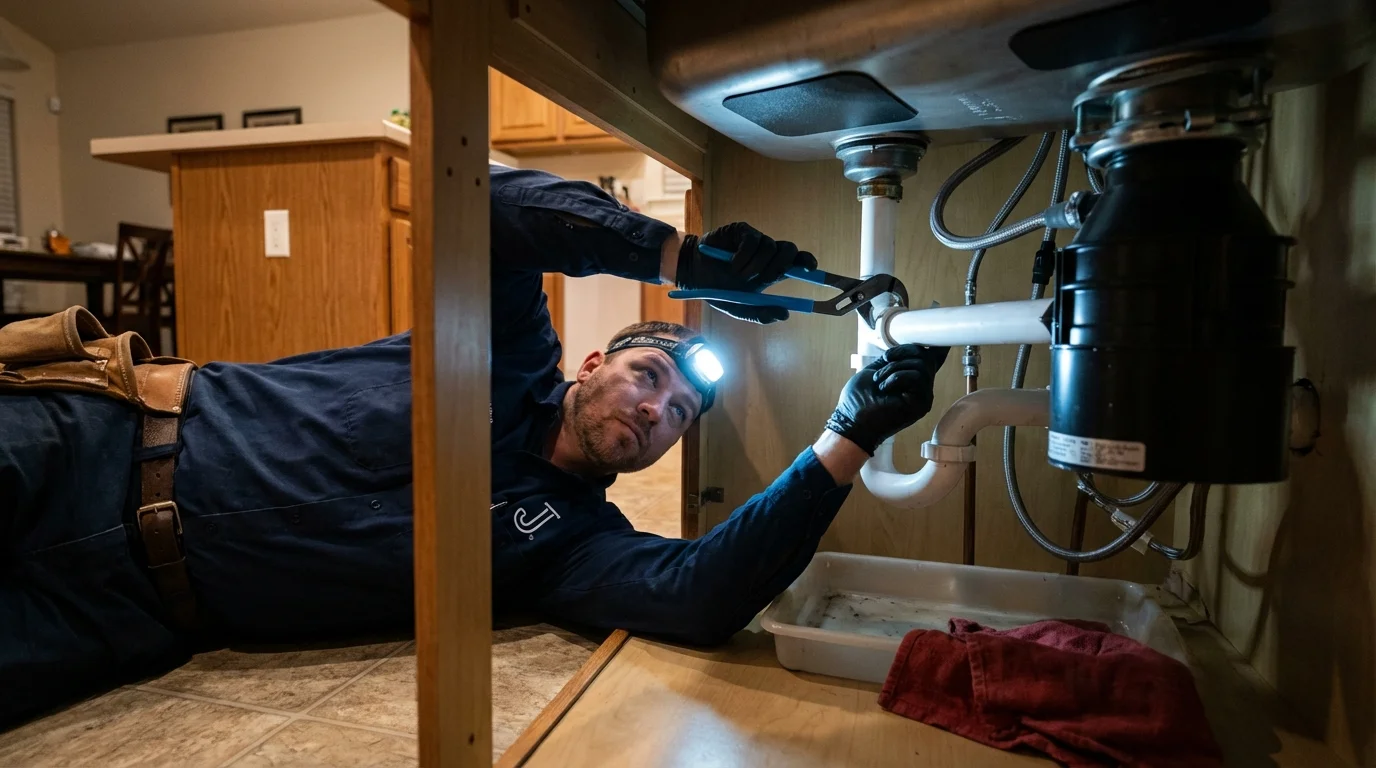 P-trap and supply line connections under a kitchen sink showing a common leak point in Darby, PA